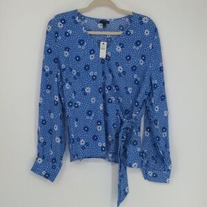 Talbots Women's Blue Daisy Floral Long Sleeve Wrap Blouse Viscose Tie Large‎